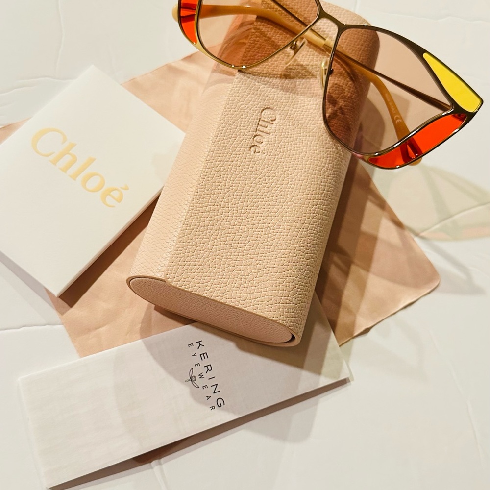 Chloé Sunglasses Gold Cat Eye Frame Dark Brown Lens CH0049S - Picture 10 of 12